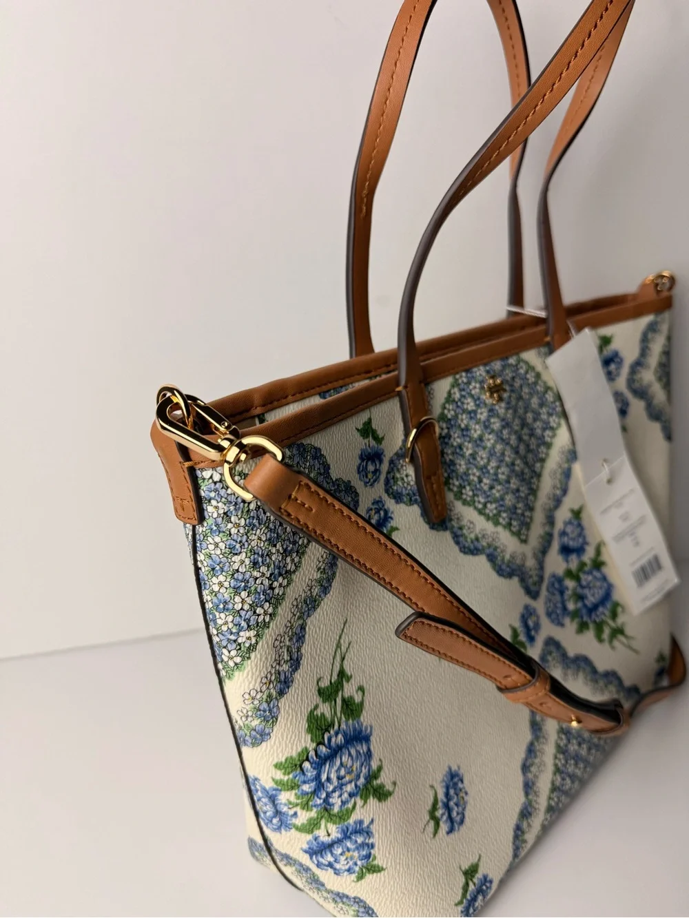 Tory Burch Kerrington Small Zip Tote Terrace Ditsy Floral Cloud Blue Brown